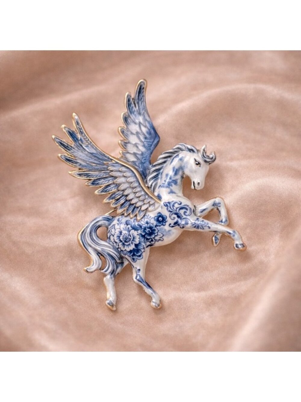 Porcelain Pegasus Blue White Brooch